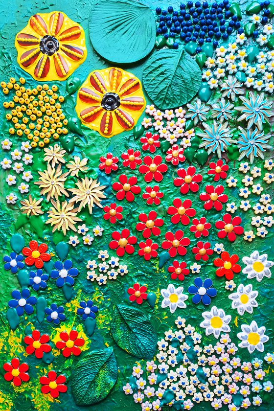 Сolorful summer garden with sunflowers, daisies, kosmeya, hydrangeas and asters. Amber, metal flowers, bas-relief, mosaic