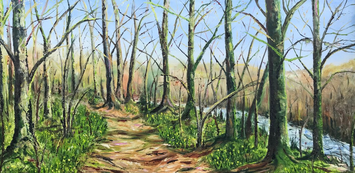 Landscape Oil Painting By Lucy Smerdon, 39 X 20", Daffodil Woods, Original Artwork