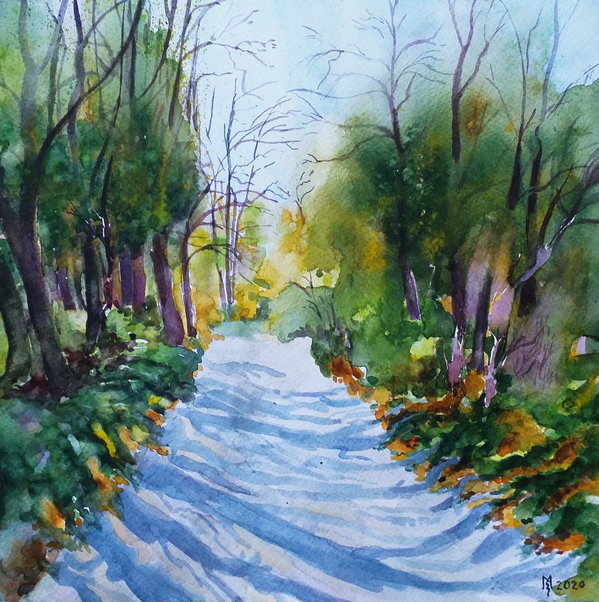 Impressionistic Landscape Watercolour By Zoran Mihajlovic Muza, 11 X 11", Shadows, Original Artwork