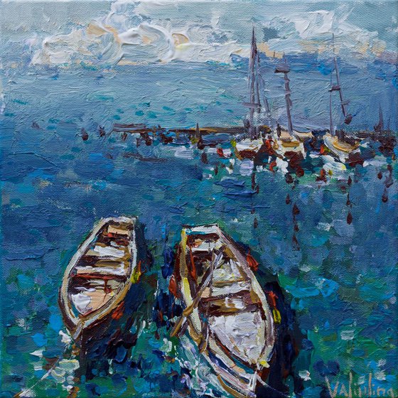 Moored boats - Original acrylic seascape painting