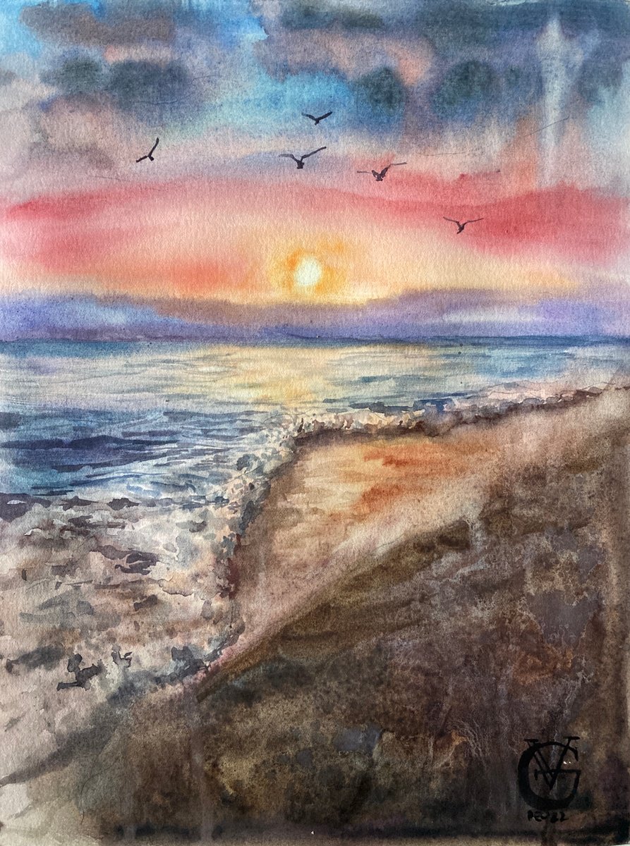 Impressionistic Landscape Watercolour By Valeria Golovenkina, 12 X 16", Sunset On Sea, Original Artwork