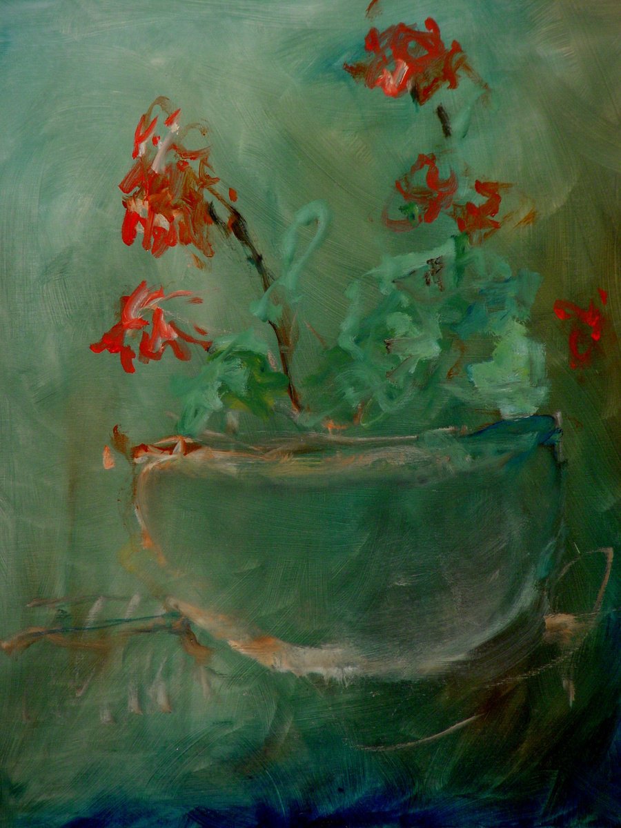 Abstract Still Life Oil Painting By Leon Sarantos, 22 X 28", Large Pot With Red Flowers, Original Artwork