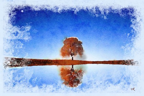 Still water, red tree - a digital watercolour by Tony Roberts