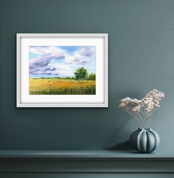 Forget-me-nots original watercolor artwork bright colors  field landscape with flowers , decor for bedroom, gift for mother