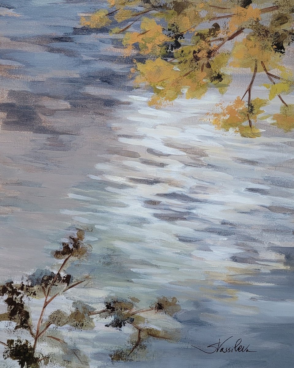 Impressionistic Landscape Acrylic Painting By Silvia Vassileva, 16 X 20", Ripples And Branches, Original Artwork