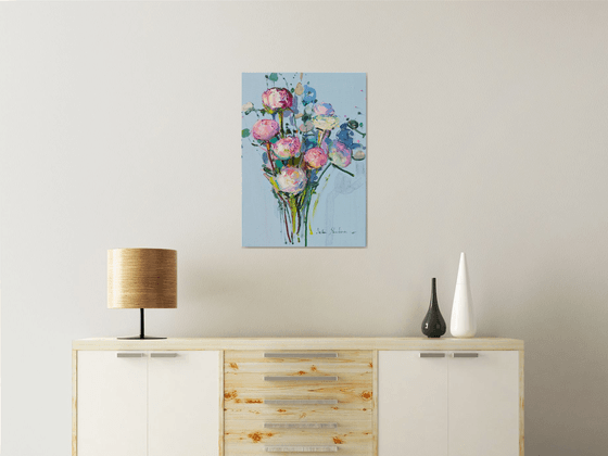 Dreaming peonies on blue