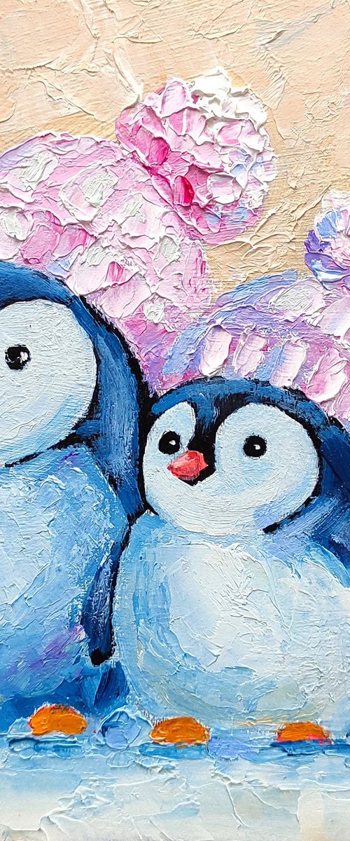 Pair Cute Penguins Painting by Yulia Berseneva