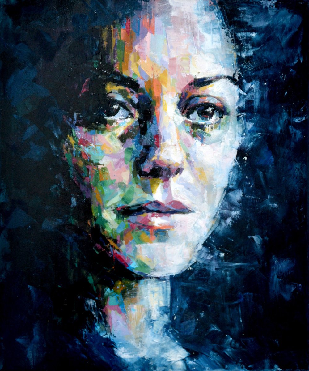 Expressive Portrait Oil Painting By Sal Jones, 21 X 25", Keeping A Distance, Original Artwork