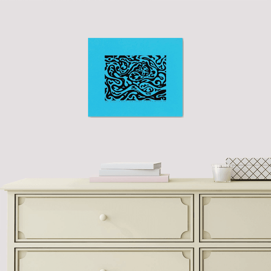 SEA WAVES IV linocut black on blue