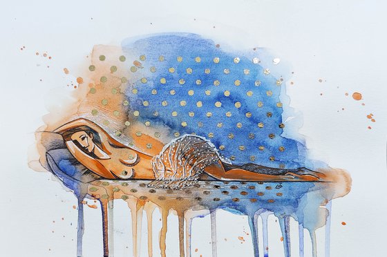 Sleeping - nude, erotic, body, woman, gold leaf, watercolor painting, a gift for him, gift for man, nu (2021)