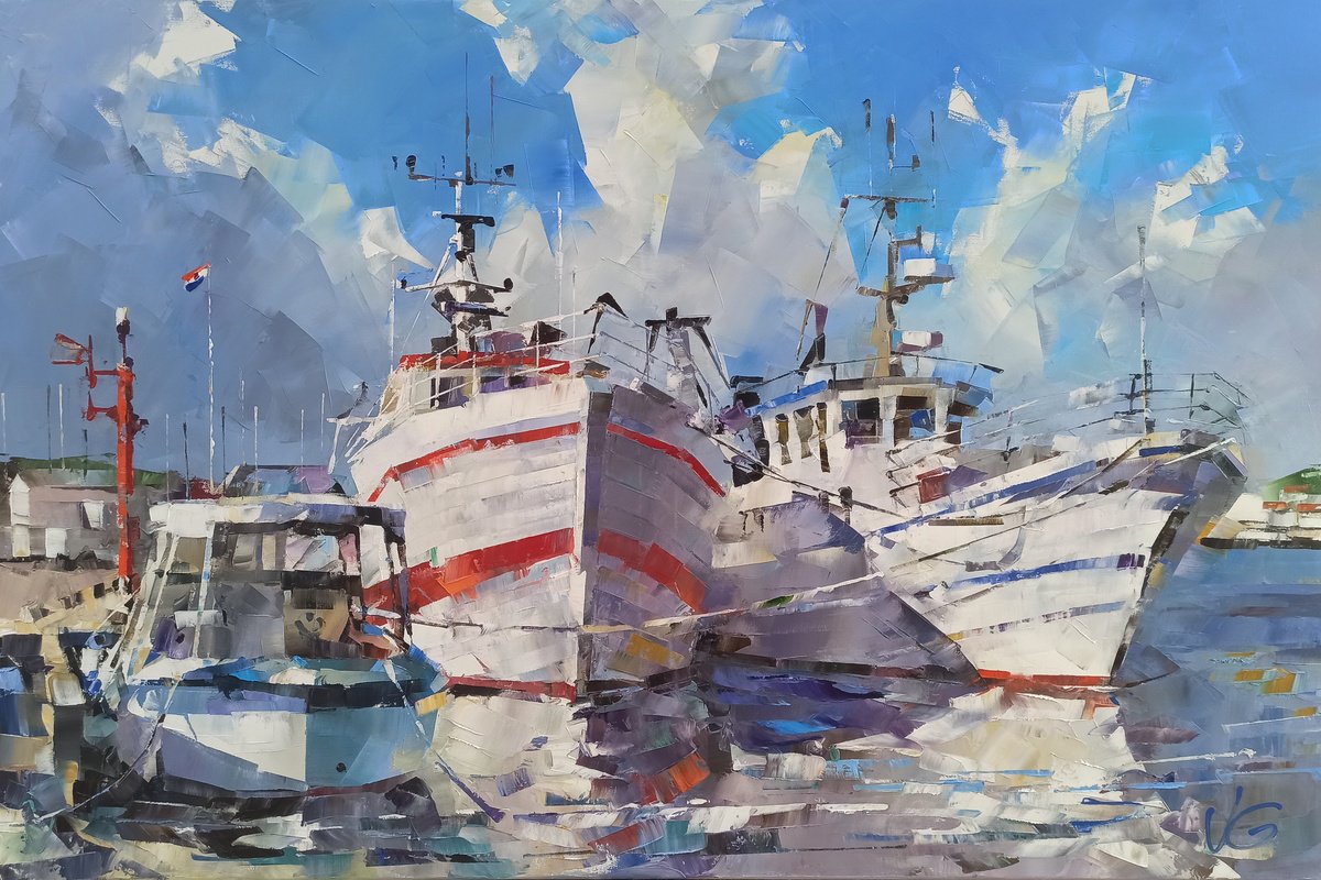 Impressionistic Landscape Oil Painting By Volodymyr Glukhomanyuk, 47 X 31", Fishing Port Of Rogoznica, Original Artwork