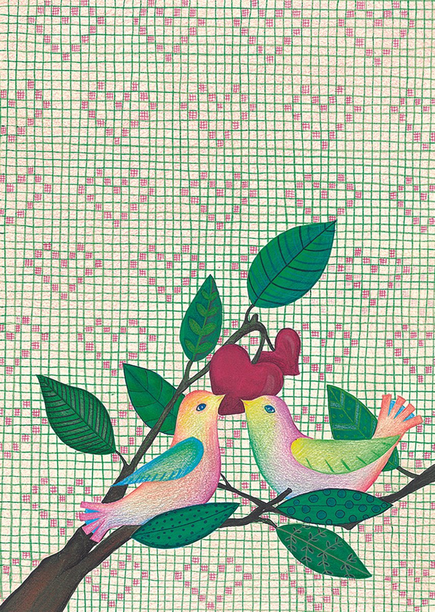 Animal Painting By Andromachi Giannopoulou, 8 X 11, Love Birds, Original Artwork