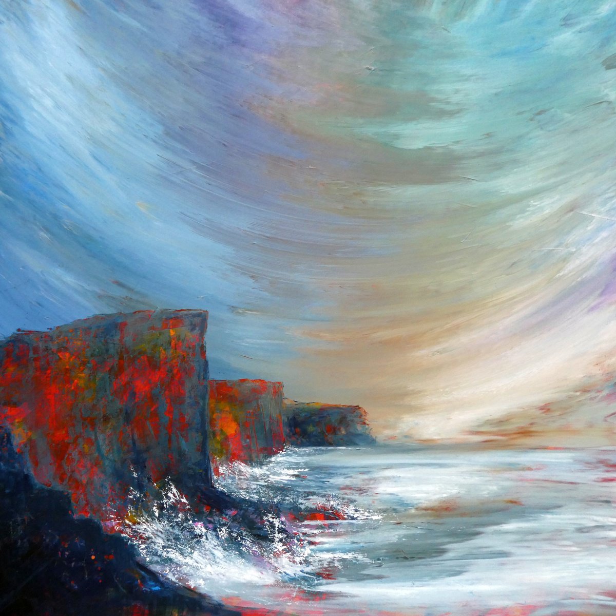 Impressionistic Landscape Acrylic Painting By Oconnart, 34 X 34", Red Cliffs Of Hoy, Original Artwork