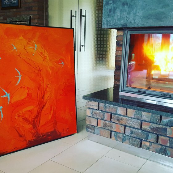 ICE AND FIRE  resin abstract painting large size 100x100, framed, unique