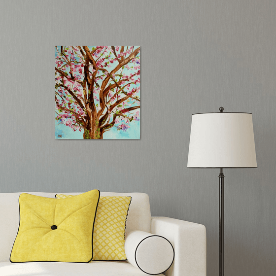 Apple blossom, tree near Bethnal Green, spring in London white, pink, turquoise ready to hang oil painting