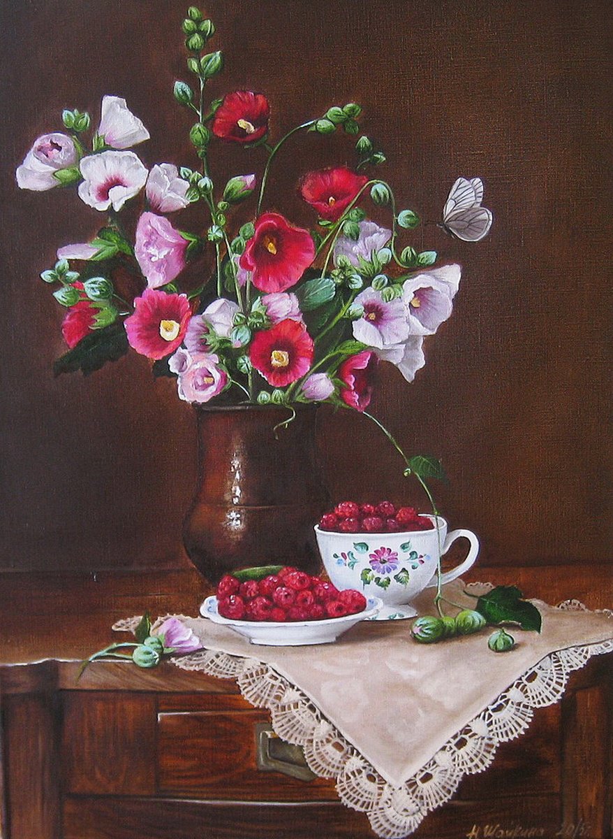 Impressionistic Still Life Oil Painting By Natalia Shaykina, 16 X 22", Raspberry And Hollyhocks, Original Artwork