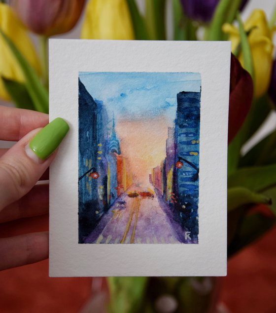 New York miniature watercolor painting, cityscape small original art