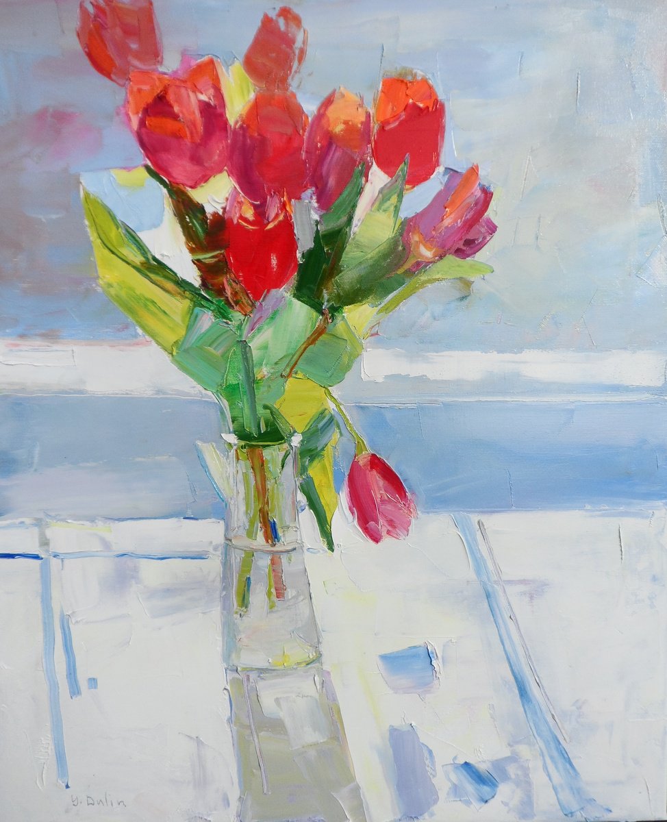 Impressionistic Botanical Oil Painting By Yehor Dulin, 20 X 24", " Tulips", Original Artwork