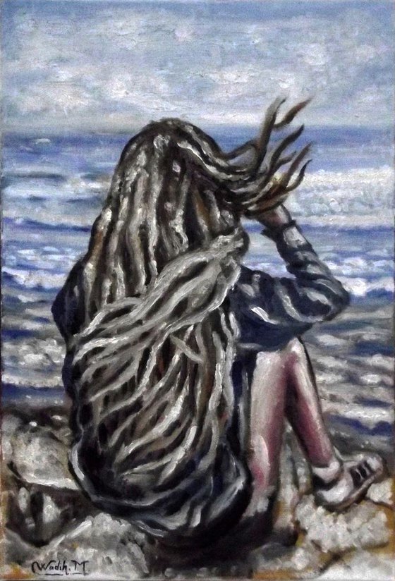 SITTING ON THE BEACH - Seascape view - Large thick oil on canvas - 40x60cm