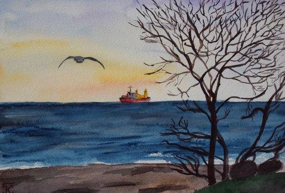 Watercolor painting Helsingor city near the sea, Denmark