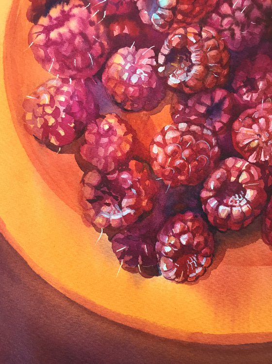 Still life with juicy raspberries. Painting with berries.