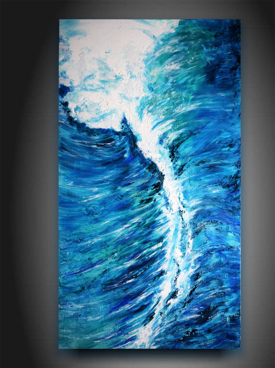 Waves II/ 90 cm x 50 cm Modern  Sea brush palette knife Art by Anna Sidi-Yacoub