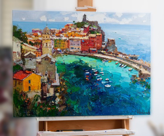 Vernazza Cinque Terre iItaly - Original impasto landscape painting textured Oil painting Italy wall art