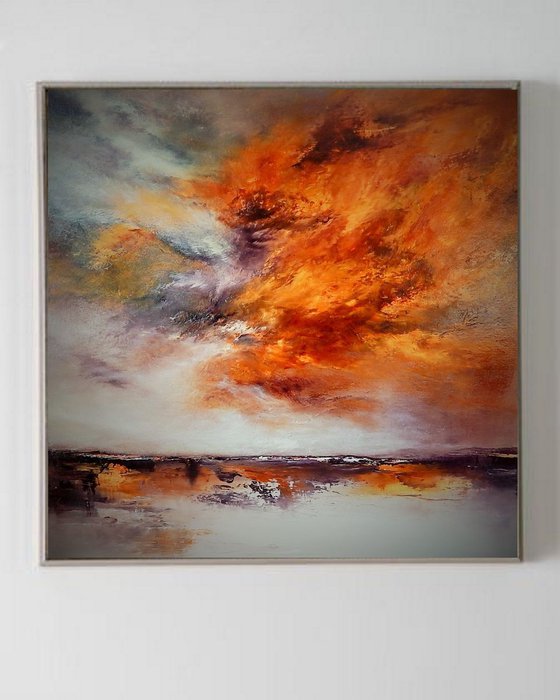 "The sun’s fiery kiss to the night." gold, brown abstract seascape