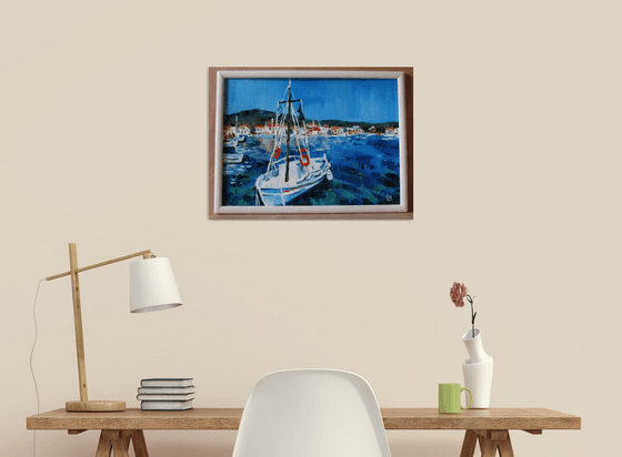 Boat in the harbor (framed)