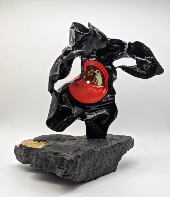 Female Figurative Sculpture, Vinyl Classical Music Record on Black Stone Gold Leaf Beethoven