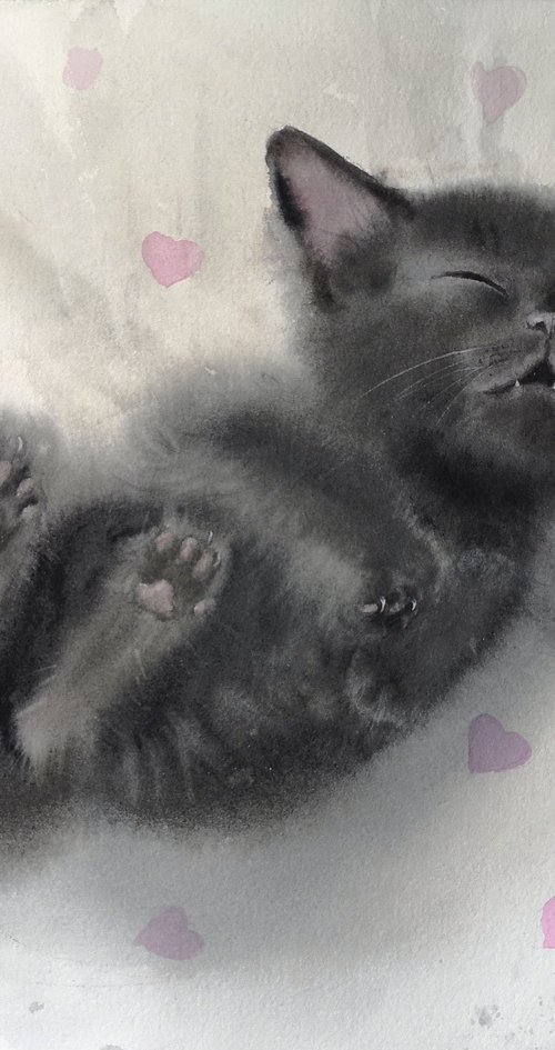 Dreaming Black Kitten by Olga Beliaeva Watercolour