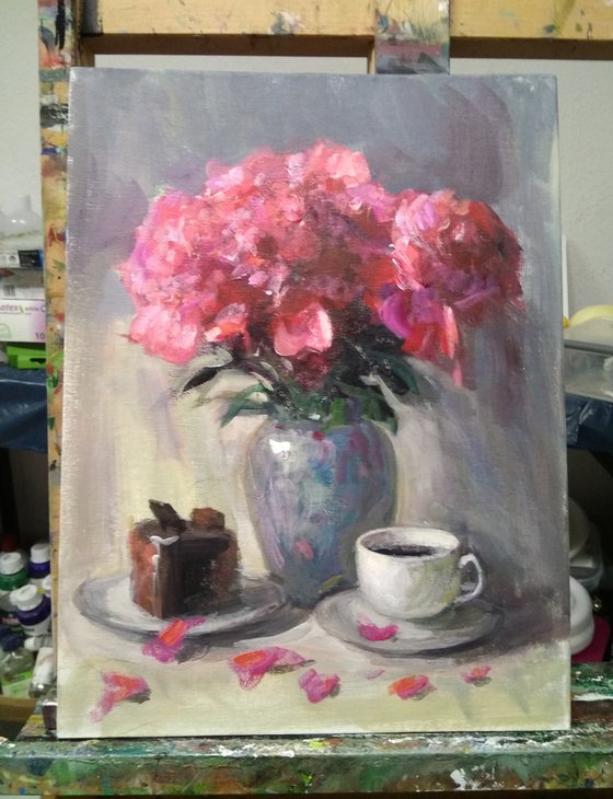 Tea Party With A Bouquet Of Peonies