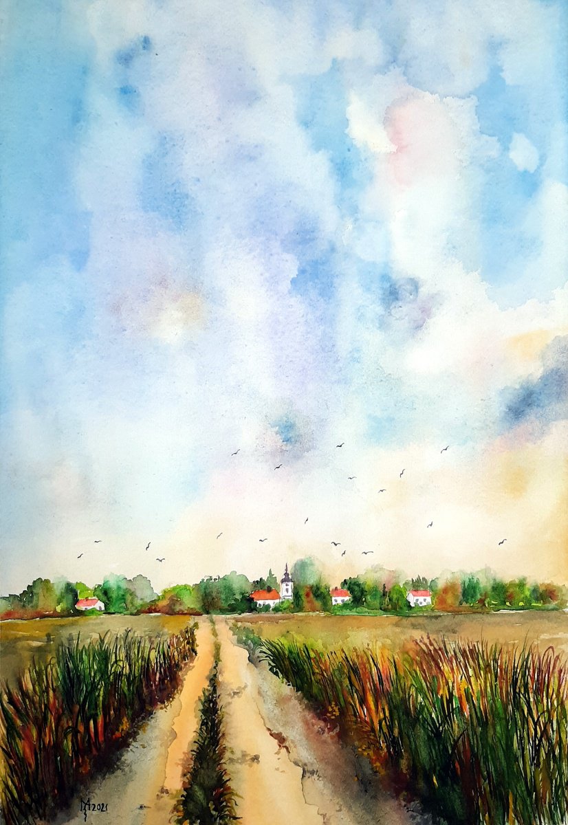 Impressionistic Landscape Watercolour By Zoran Mihajlovic Muza, 13 X 19", Rural Road, Original Artwork