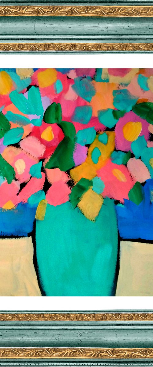 Spring Flowers in a Blue Vase by Jan Rippingham