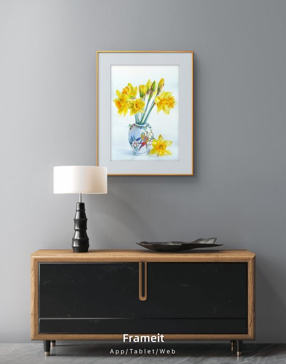 Golden Daffodils in a Chinoiserie Parrot Vase