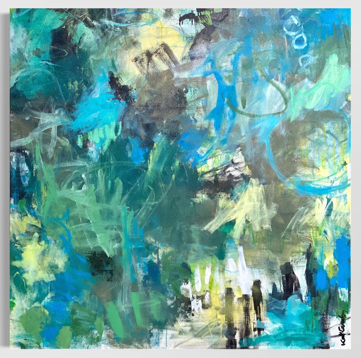 Organic Abstract Acrylic Painting By Kat Crosby, 42 X 42", Emerald City, Original Artwork