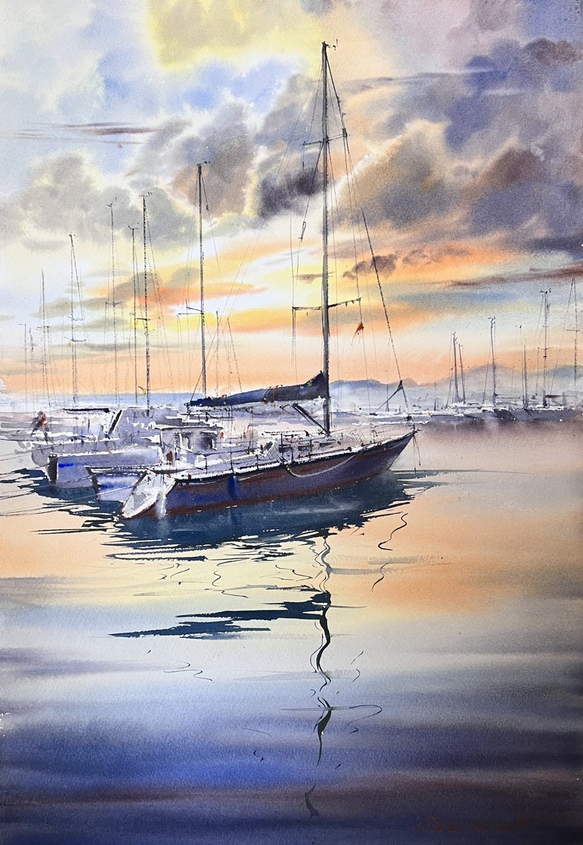 Impressionistic Watercolour , The Silent Harbor By Eugenia Gorbacheva, 15 X 22, Artwork For Sale On Artfinder
