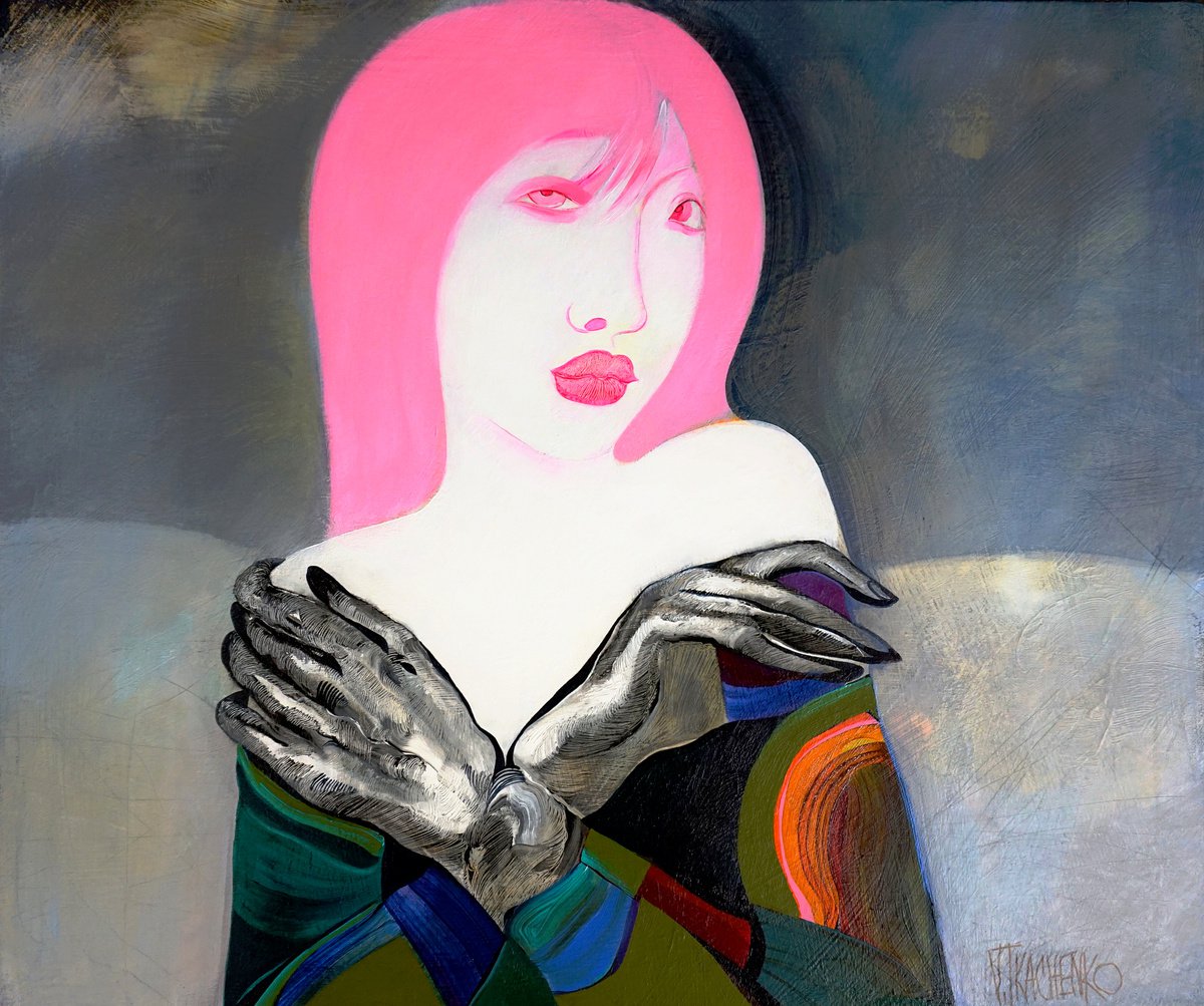 Organic Portrait Acrylic Painting By Victor Tkachenko, 26 X 22", Pinko, Original Artwork