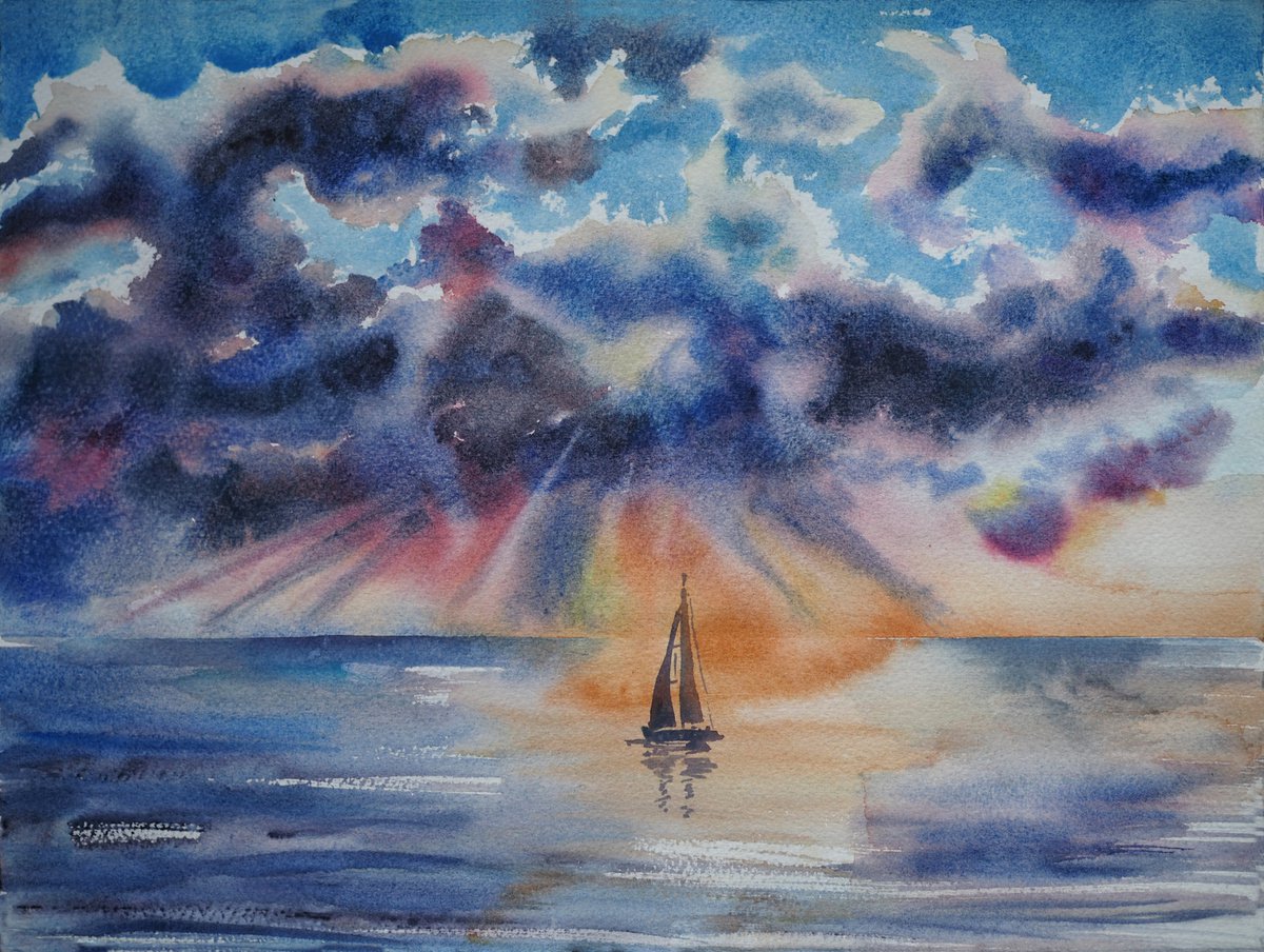 Mediterranean sunset - original seascape watercolor painting by Delnara El