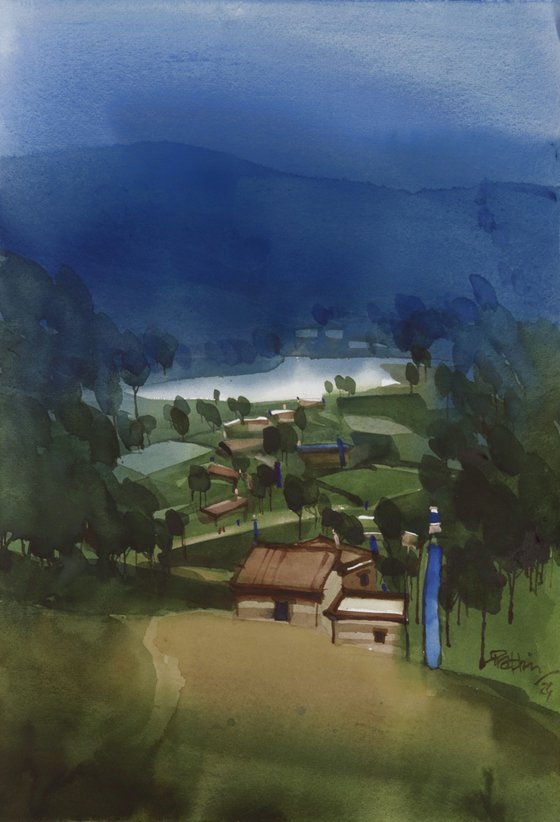Shining lake, misty blue