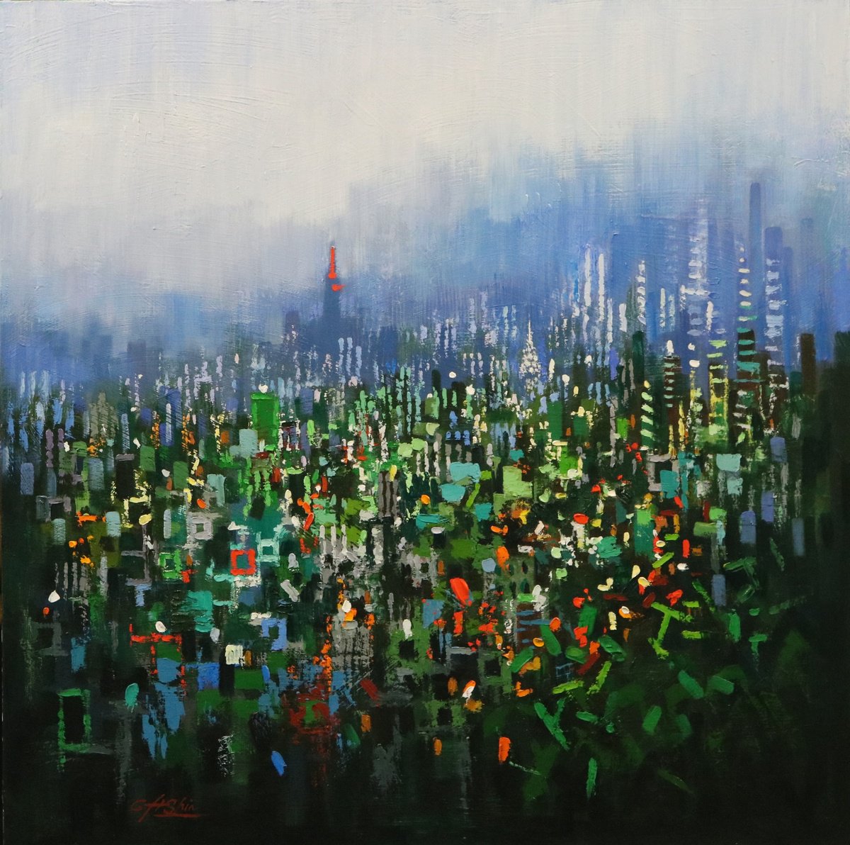 Expressive Cityscapes Oil Painting By Chin H Shin, 36 X 36, Urban Jungle 7 Nature, Original Artwork