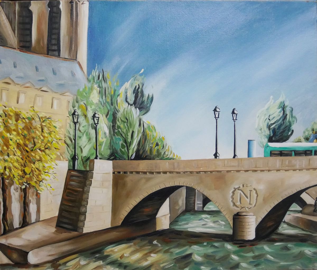 Impressionistic Cityscapes Oil Painting By Lionel Le Jeune, 22 X 18", Saint Michel Bridge Paris, Original Artwork