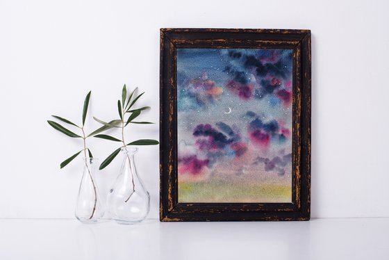 New moon - original watercolor sky painting