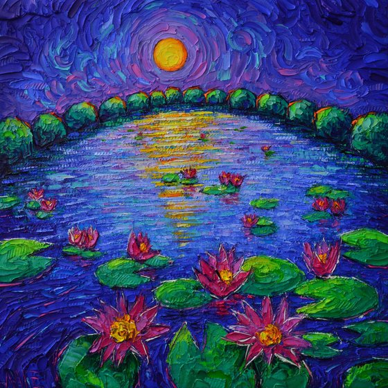 Lily Pond Mystic Night Abstract Roundscape Moon Art textural impressionist impasto palette knife oil painting by Ana Maria Edulescu