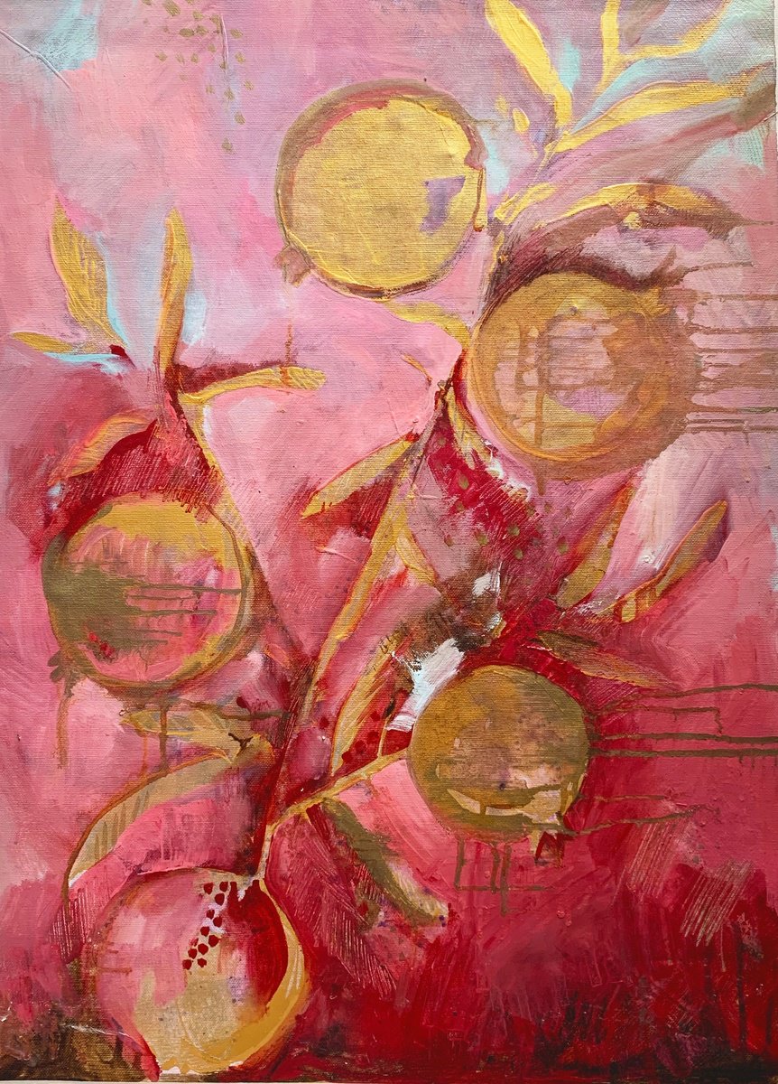 Impressionistic Still Life Oil Painting By Olga Pascari, 19 X 24", Pomegranates, Original Artwork