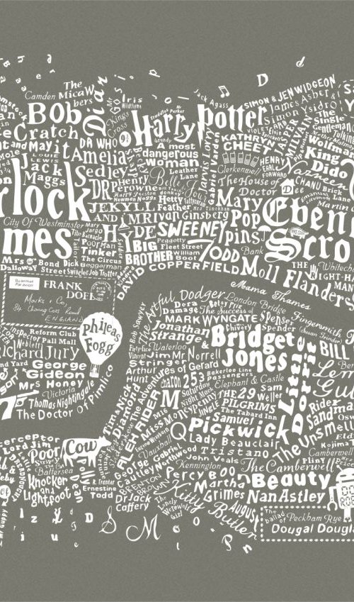 Literary Central London Map (grey screenprint) by Dex