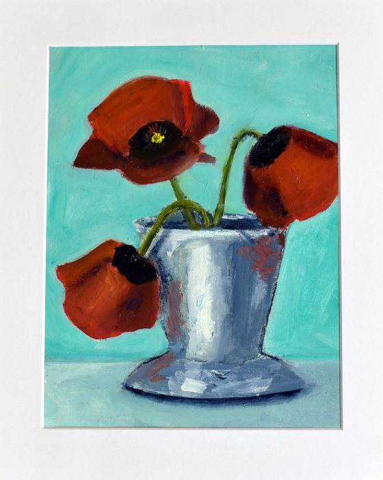 Red Poppies in a Silver Vase