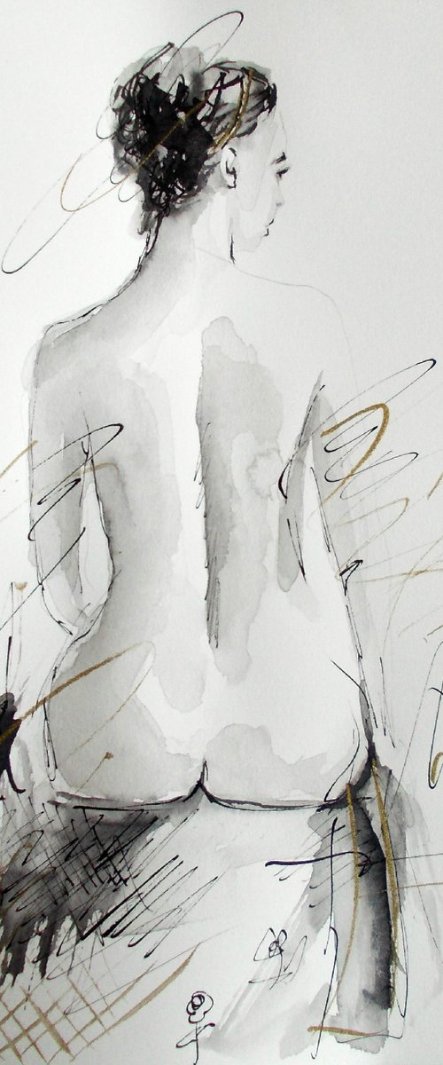 Woman  Nude ink drawing series-Figurative drawing on paper by Antigoni Tziora