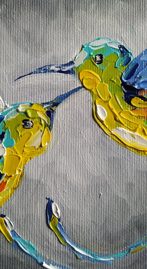 Lovers - oil painting, hummingbird, birds, love, animals oil painting, art bird, impressionism, palette knife, gift. by Anastasia Kozorez
