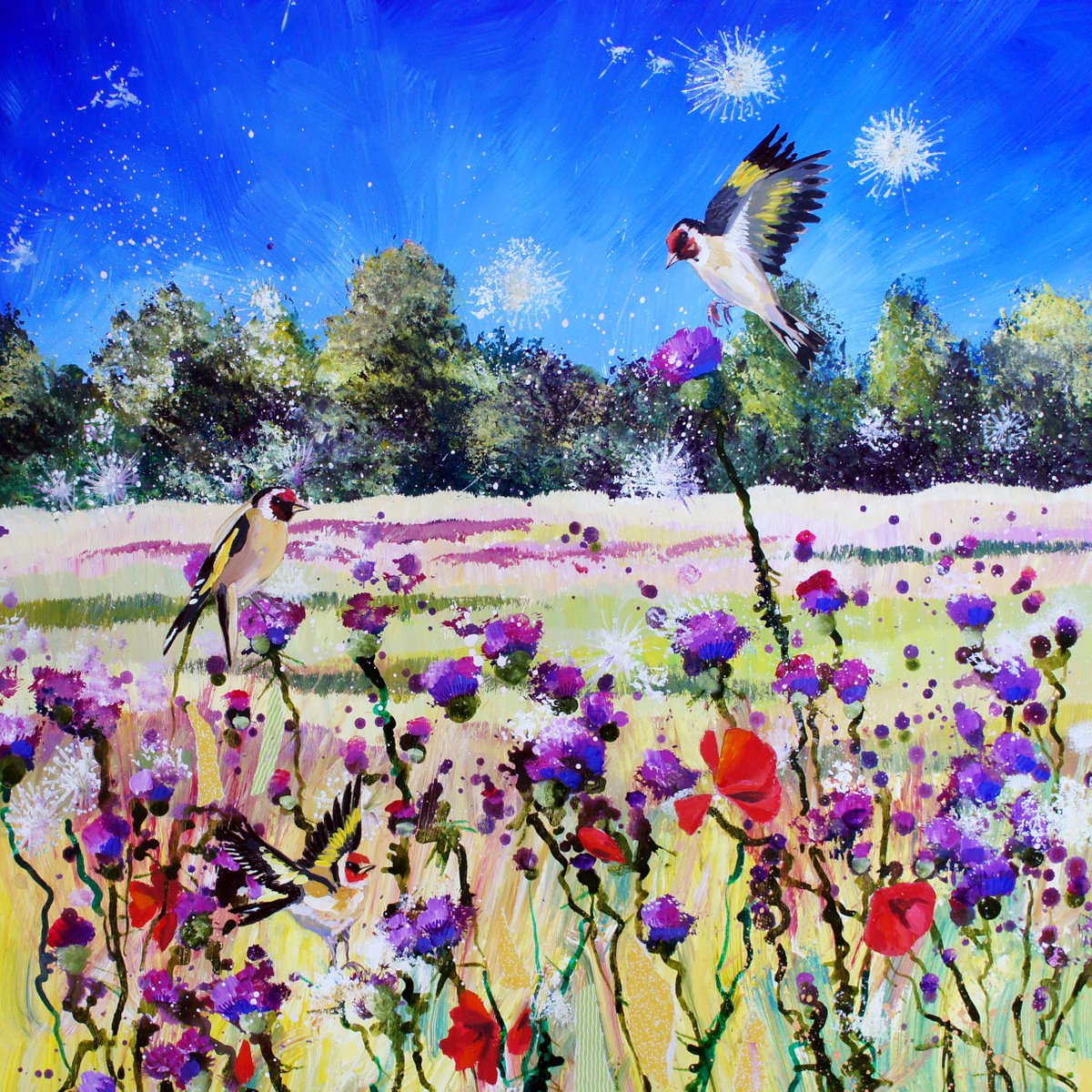Three Goldfinches - Summer thistles in the Sheep field by Julia Rigby